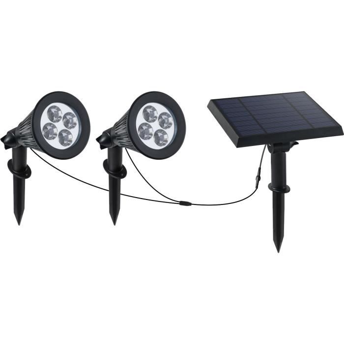 Double spot solaire relié avec panneau solaire déporté 2 en 1 à piquer ou à fixer éclairage puissant LED blanc dimmable FAMILY SPIKY