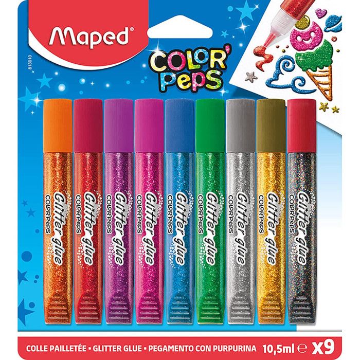 Maped Color'Peps Tubes de colle Pailletées pour enfant Effet Brillant, Facile à utiliser avec Embout Fin - 9 Tubes de 10.5 ml Color