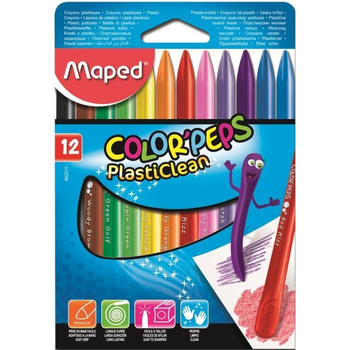 MAPED Boîte Carton de 12 Crayons de Couleur Plastiques Color'peps Plasticlean