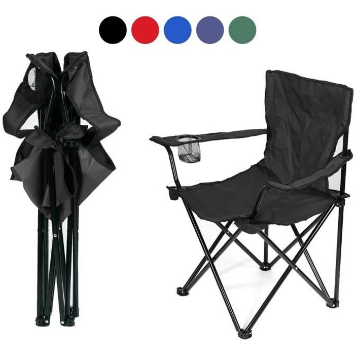 Chaise pliante d'extérieur MENGDA - Noir - Pour camping, plage, barbecue - Porte-gobelet et sac de rangement