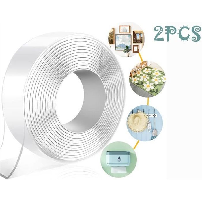2PCS Ruban Adhésif Double Face Extra Fort,Ruban Adhésif Nano Réutilisable Antidérapant Transparent Traceless Tape Lavable