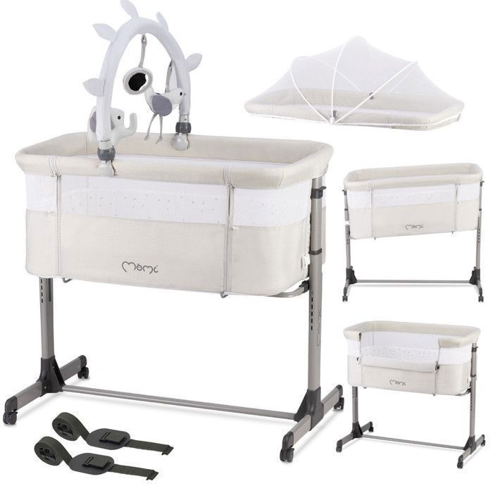 MoMi REVO – Lit Cododo Bébé Réglable – Berceau 2-en-1 avec Matelas, Moustiquaire, Jouets – Hauteur + Inclinaison – Gris Clair