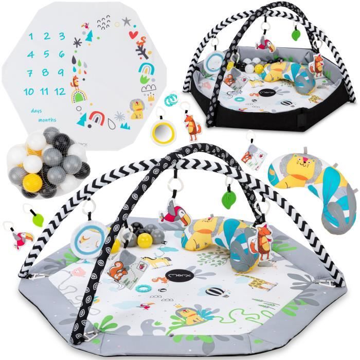 MoMi BESTO - Tapis d’éveil 3‑en‑1 avec arche à jouets sensoriels & photomat - Jouet éducatif bébé