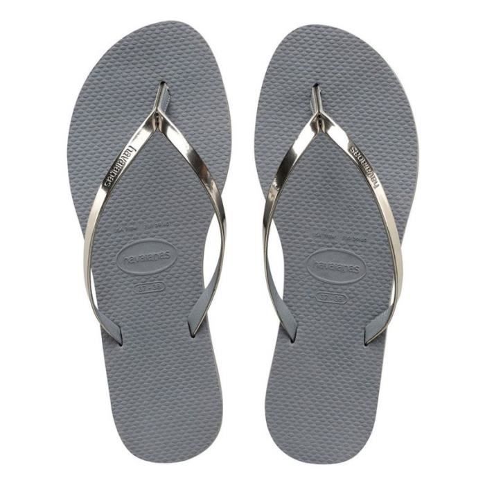 Tongs - Havaianas You Metallic - Cuir - Femme - Gris - Semelle slim et lanières en cuir brillant