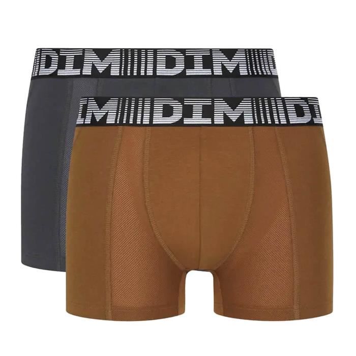 Boxers Homme - DIM - Lot de 2 - Coton 3D Flex - Ultra Respirant - Marron Toasté/Gris Foncé