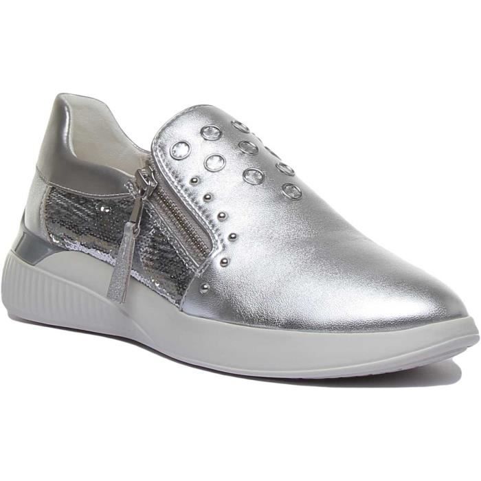 Geox D Theragon Baskets pour femmes en métal avec fermeture éclair latérale en argent (Argent, 39)
