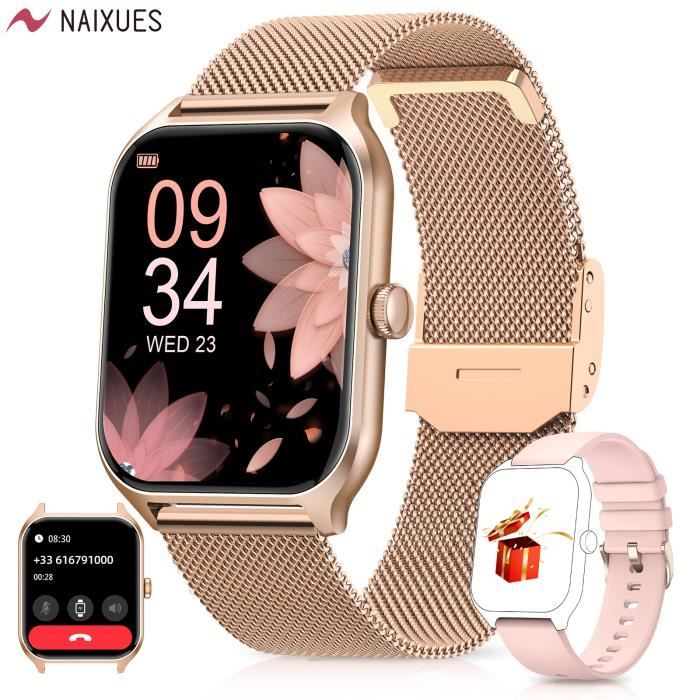 NAIXUES Montre Connectée Femme Appels Bluetooth 5.1 Assistant Vocal 1,7'' Smartwatch 28 Modes Sportifs SpO2 Musique Android iOS Rose