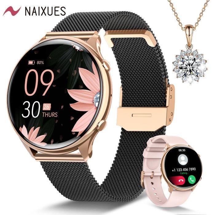 NAIXUES Montre Connectée Femme avec Appel Bluetooth IP68 Fonction Féminine SpO2 Fréquence Cardiaque 19 Modes Sportif Lecteur Musique