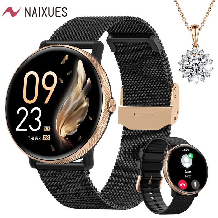 NAIXUES Montre Connectée Homme 1,7'' avec Appels Bluetooth Assistant Vocal Lecteur Musical et Fréquence Cardiaque 28 Modes Sportifs