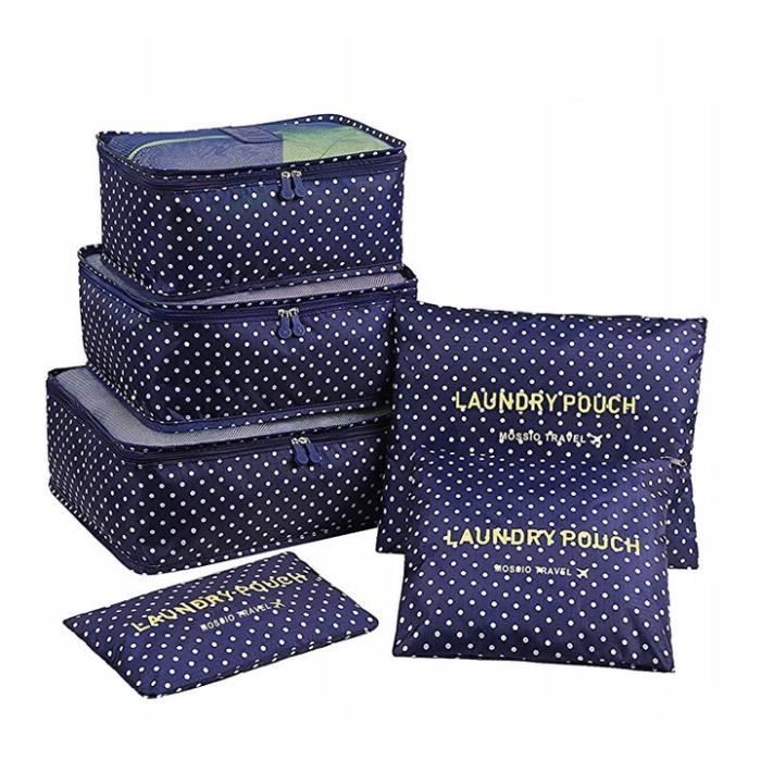 Organisateur de Voyage Valise Bagages Lot de 6 Ensemble Sac de Rangement pour Vêtement bleu marine à pois
