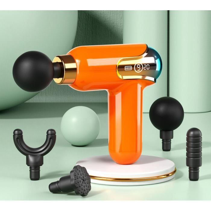 OEMG Mini Pistolet de Massage Musculaire à 9 Vitesses Appareil de Massage à Quatre Têtes Masseur Electrique - Orange