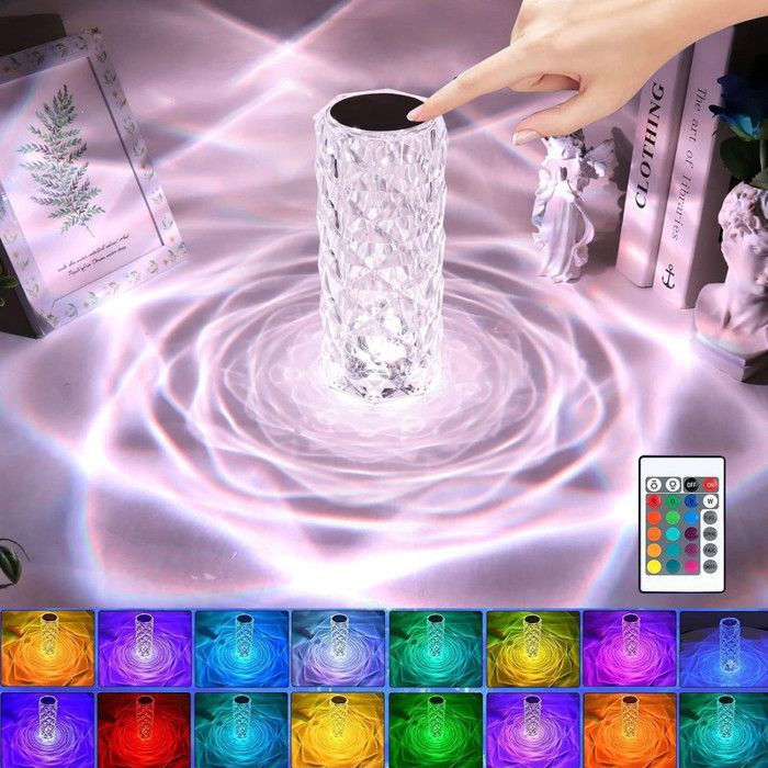 Lampe de chevet cristal, Lampe de Chevet LED avec 16 Couleurs, Commande Tactile et Télécommande, Chargement en USB