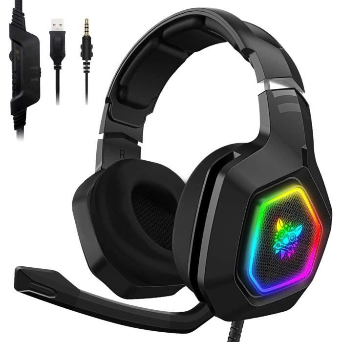 Casque Gaming PS4, Casque de jeu Stéréo Filaire, Son Surround 7.1, Microphone Anti-bruit, 7 Lampes LED RGB, pour, Xbox One, PC