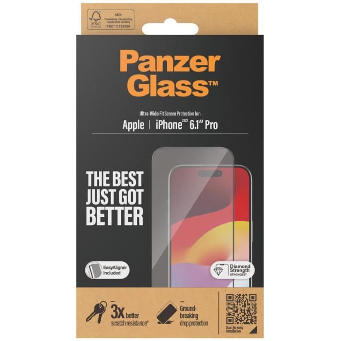 Protection d'écran Ultra-Wide Fit Anti-bactérienne avec applicateur iPhone 15 Pro PanzerGlass