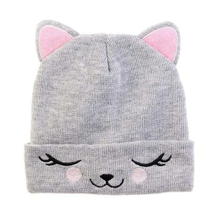 Bonnet Enfant "Chat" 21cm Gris & Rose
