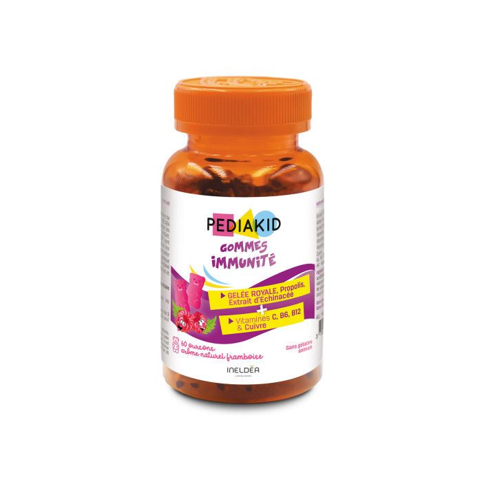 PEDIAKID - 60 Gommes Immunité - Formule Naturelle -Goût Framboise - Contribue au Fonctionnement Normal du Système Immunitaire