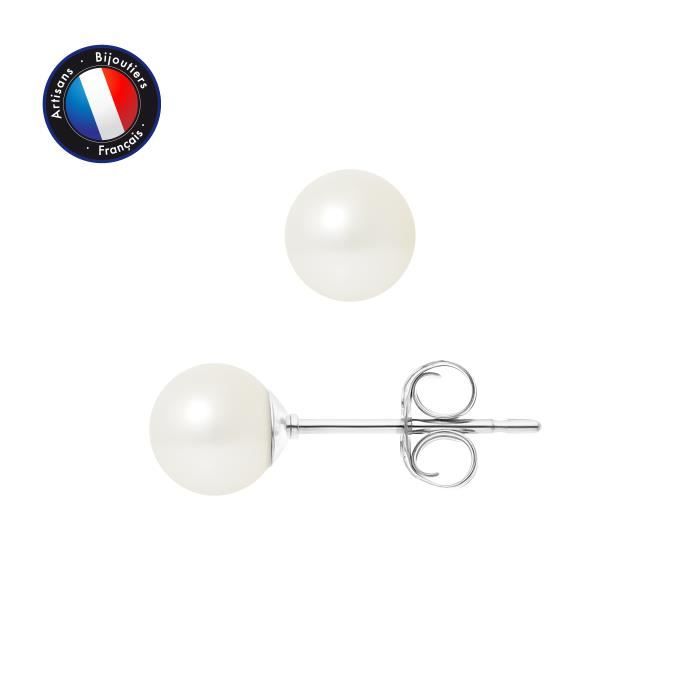 PERLINEA - Boucles d'Oreilles - Véritables Perles de Culture d'Eau Douce Rondes 6-7 mm Blanc Naturel - Or Blanc - Bijoux Femme