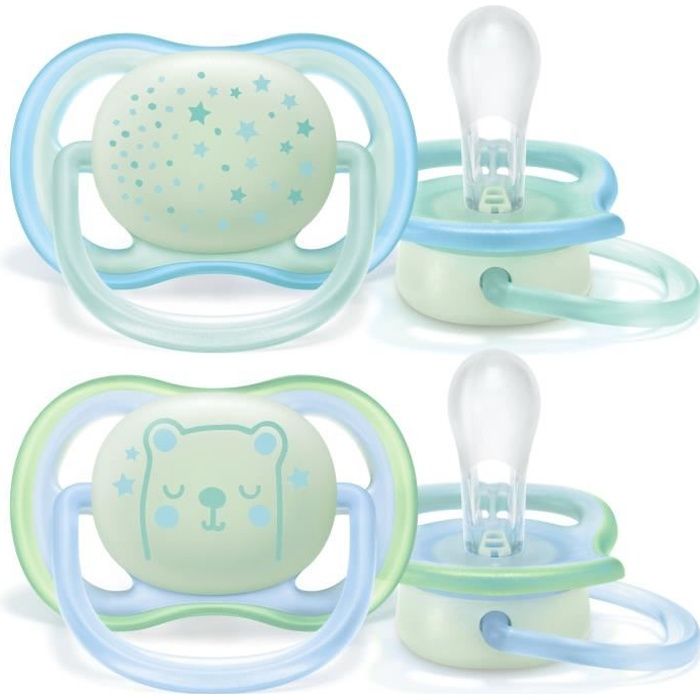 PHILIPS AVENT SCF376/11 Lot de 2 sucettes ultra-air phosphorescentes - bleu & vert - 0-6 mois - garçon