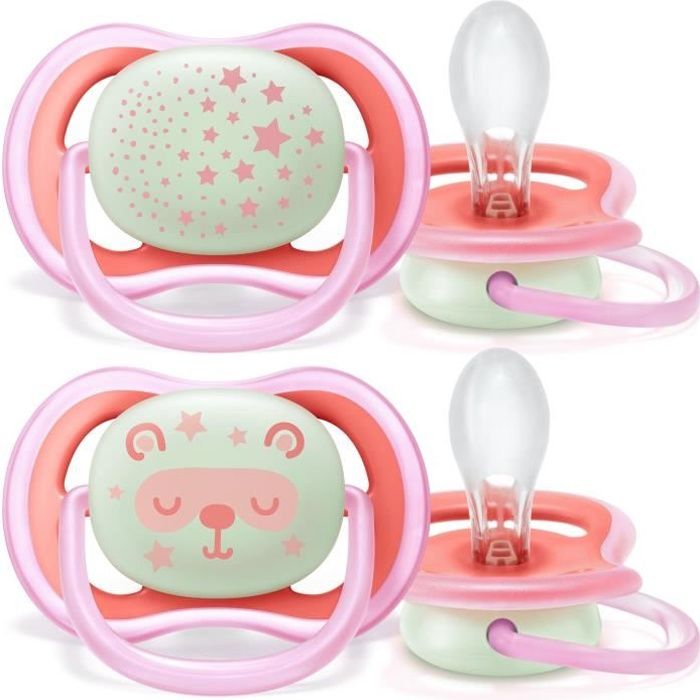 PHILIPS AVENT SCF376/22 Lot de 2 Sucettes Ultra Air Nuit Etoile et Ours Rose 6-18m