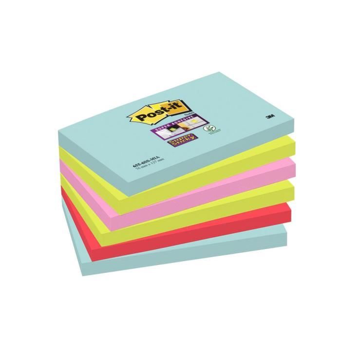 POST-IT Lot de 6 bloc-notes Super Sticky - Couleurs Miami - 76 x 127 mm