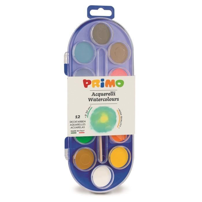 Pastilles d’aquarelle, boîte en plastique avec couvercle/palette, 12 couleurs. Ø 30 mm