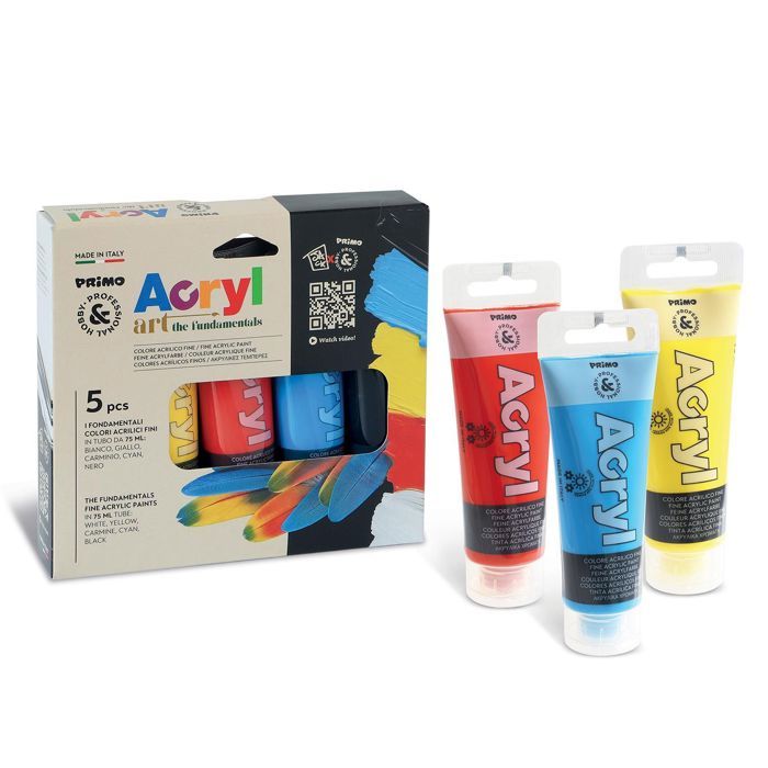 Peinture acrylique fine  en tube, 5 couleurs  primaires. 125 ml