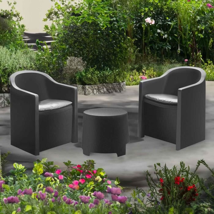 Salon de jardin - LUNA - Ensemble 2 Fauteuils + Table Basse - Résine - Coussins Inclus - Design Élégant
