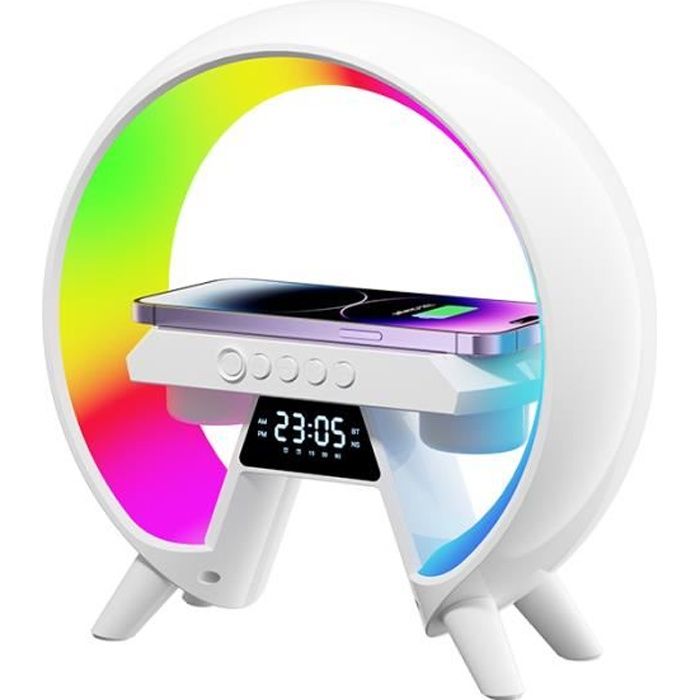 Chargeur sans fil Multifonction 15W Veilleuse RGB Intelligente Haut-parleur Bluetooth avec Horloge FM Radio AUX/USB/Carte TF