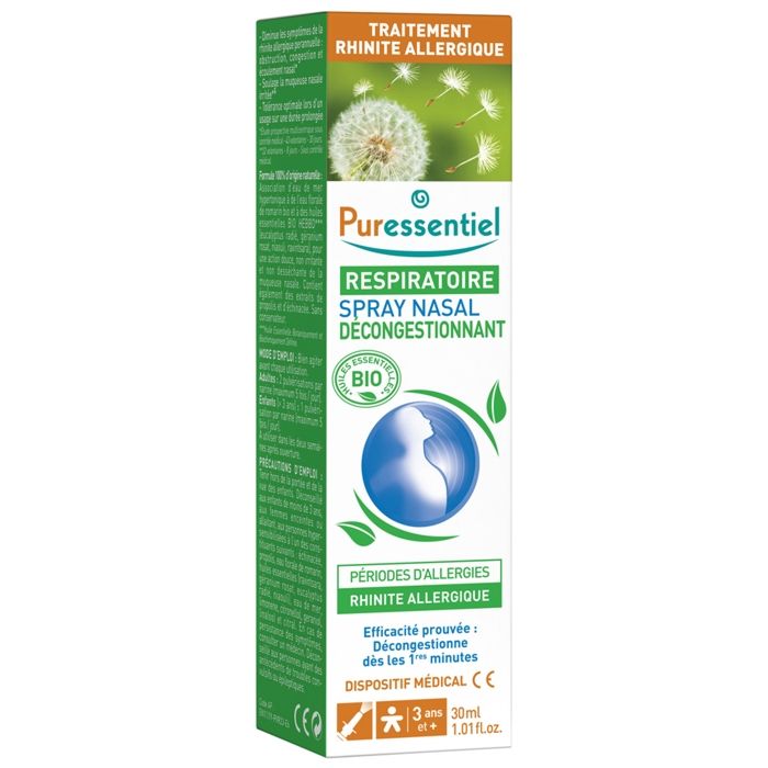 Puressentiel Respiratoire Spray Nasal Décongestionnant Allergies aux Huiles Essentielles Bio 30ml