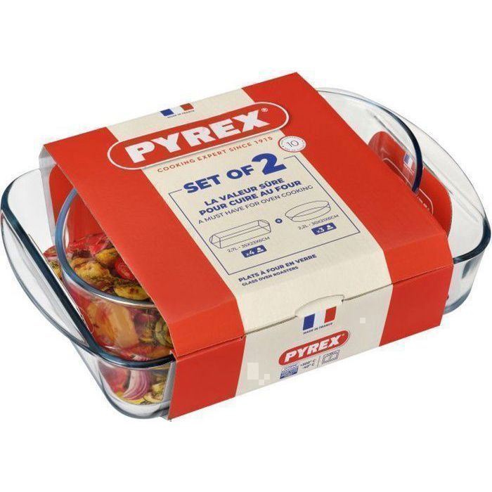 Set de 2 Plats à four - PYREX - Ovales - 30x21 cm et 39x27 cm - Verre résistant - Compatible lave-vaisselle
