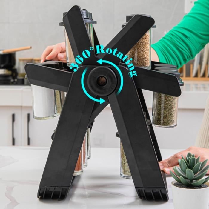 Qiilu Support à épices rotatif Étagère à épices rotative, organisateur d'épices avec 18 bouteilles, support table accessoire Noir