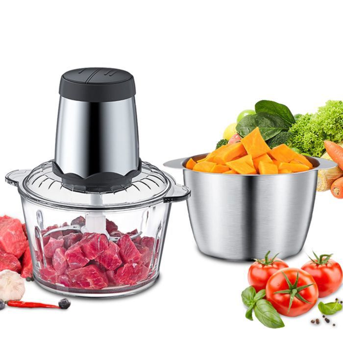 500W Hachoir Électrique 3L + 2L, Hachoir à Viande Multifonction En Acier Inox et Verre, 2 Vitesses pour Viande Légumes et Fruits