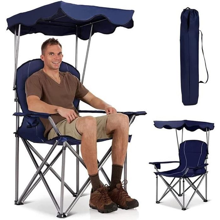 RELAX4LIFE Chaise de Camping Pliante avec Toit Parasol & Porte-Boisson, Chaise de Pêche en Cadre Métallique - Charge Max 120kg, Bleu