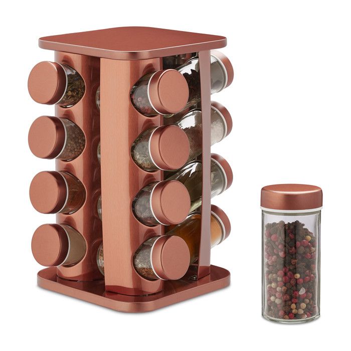 Relaxdays Tourniquet à épices avec 16 pots en verre, rotatif 360°, acier inoxydable, HLP : env. 28 x 20 x 20 cm, cuivré