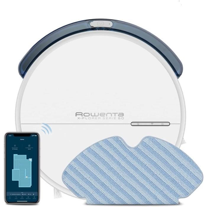 ROWENTA RR7447WH X-Plorer Serie 60 Aspirateur robot, Navigation méthodique, Aspire, Lave, Kit allergie, Filtre haute efficacité