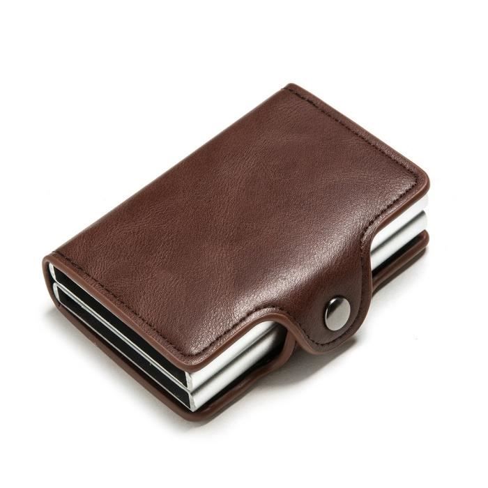 RUMOCOVO® Nouveau Mini portefeuille en métal à Double boîte RFID, porte cartes de crédit en cuir Vintage pour hommes COFFEE