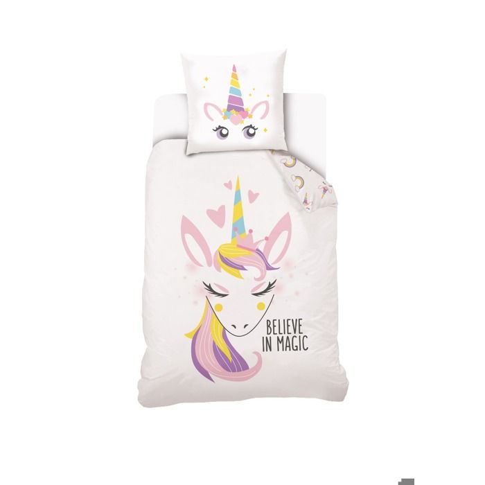 Housse De Couette Licorne Kawaii Fille Enfant 140X200 cm + Taie d'oreiller 63x63 cm - Parure De Lit Enfant - Blanc - 100% Coton