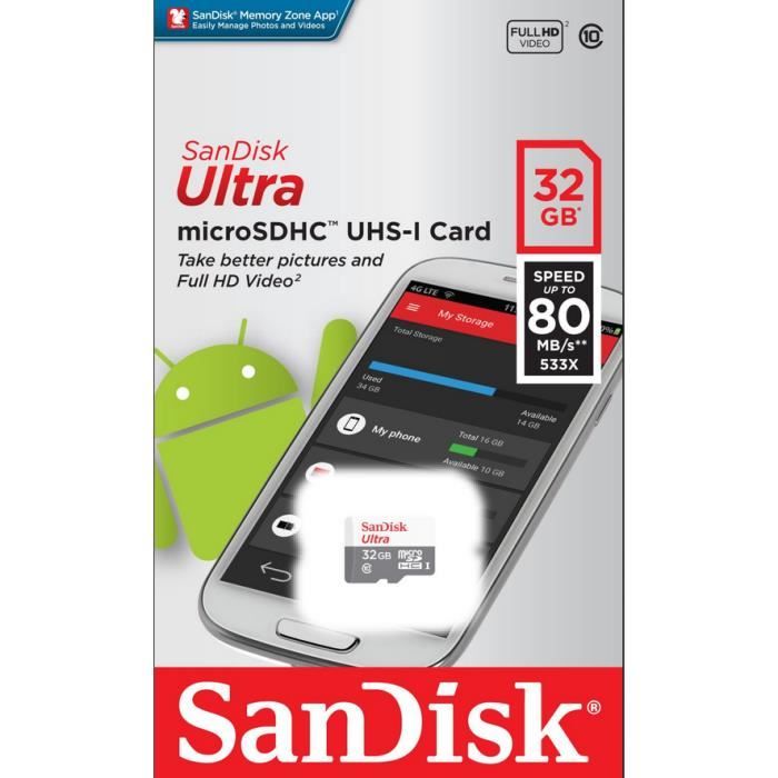 SANDISK Carte mémoire flash Ultra - 32 Go - Class 10 - 533x - SDHC UHS-I