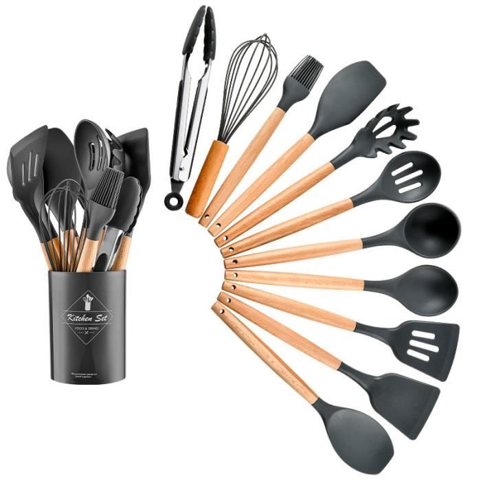 SEABUTY 11Pcs Set Ustensiles De Cuisine En Silicone Avec BoîTe De Rangement Coffret Noir