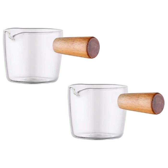 CréMier en Verre Transparent 2 PièCes SéRies avec PoignéE en Bois, Mini Pichet de CréMier au Lait de Café. 50 Ml