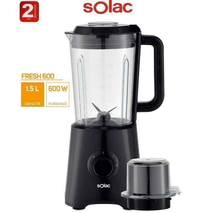 SOLAC - Blender Mixeur Robot - 600 W - 2 vitesses Turbo 1,5 L,moulin 2 vitesses - 2ans de garantie
