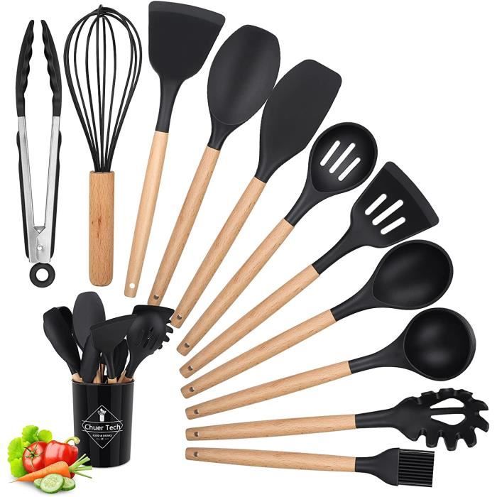 Ustensiles de Cuisine Silicone Bois -12 PCS Accessoire Cuisine Set sans BPA - Antiadhésive et Anti-Rayures et Résistante à Chaleur