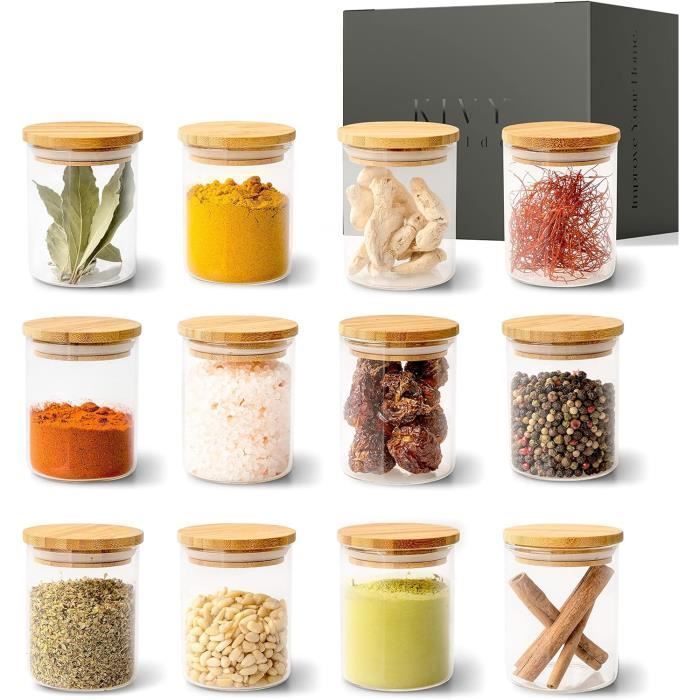 KIVY Jeu de Pot en Verre Rangement Épices [12 x 150 ml] – Pot à Épices en Verre Empilables - Jeu Bocaux Épices Ronds - Conservat249