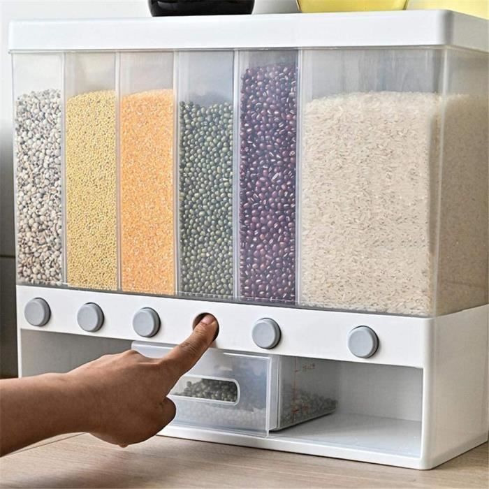 Distributeur de céréales 6 en 1 - Montage mural - Pour cuisine - Récipient divisé pour aliments secs - Rangement pour graines, n119