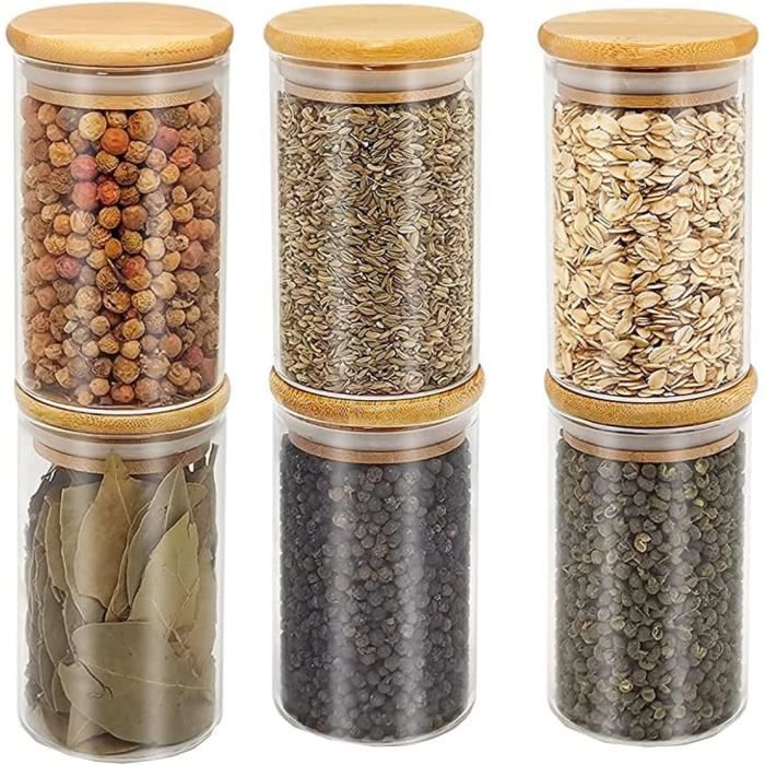 Flliberté – Lot de 6 Bocaux en Verre avec Couvercles Bambou, Hermétiques, pour Rangement et Stockage d’Épices