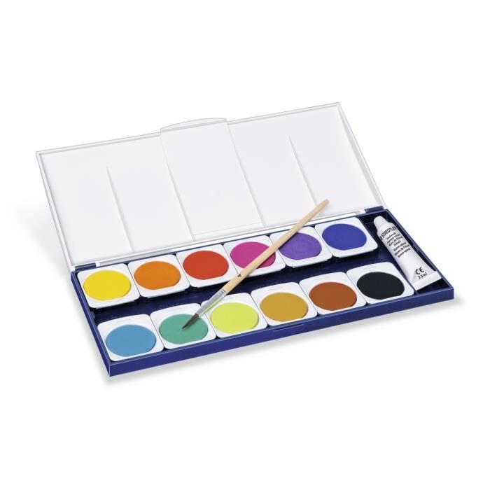 Peinture aquarelle - STAEDTLER - 12 pastilles + pinceau - multicolore - gouache blanche