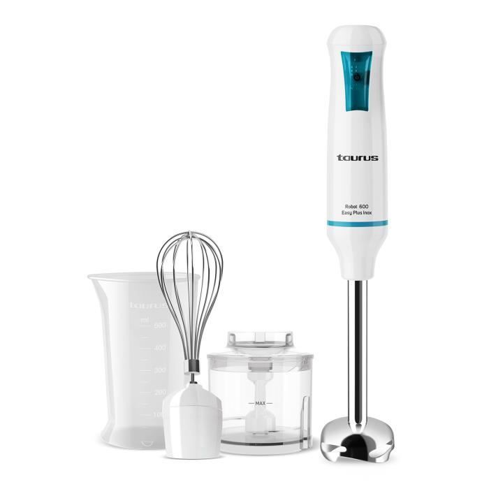 Mixeur plongeant Taurus Robot 600 Easy Plus Inox 3 en 1 de 600W, 20 vitesses + Turbo, 3 accessoires, système anti-éclaboussures