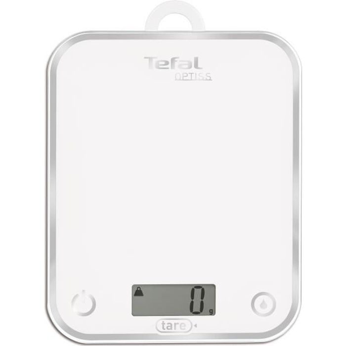 TEFAL Balance de Cuisine Optiss, 5kg/1g, Fonction Tare, Conversion Liquide, Ecran LCD, Blanc BC5000V1