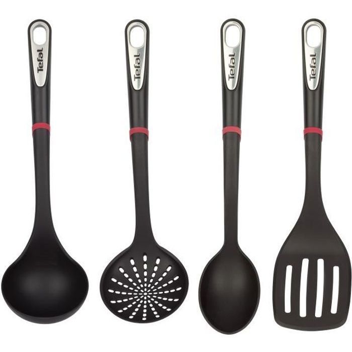 TEFAL - Set 4 Pièces Ustensiles Cuisine - Louche + Ecumoire + Cuillère Et Spatule - Noir