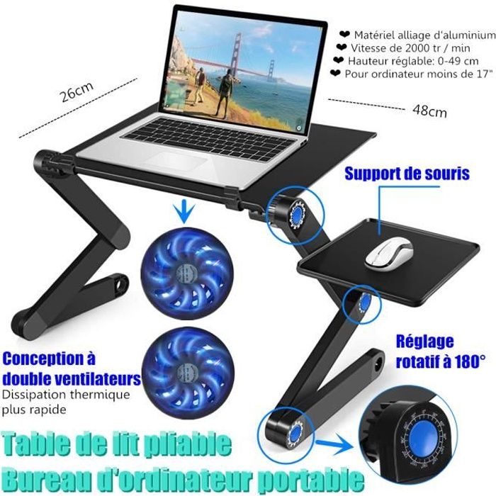 Bureau Table Lit d'ordinateur Pliable Alu - Support Portable Hauteur Réglable Plate
